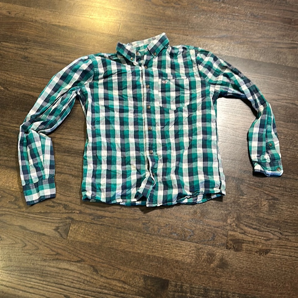 Hollister Button Up Shirt Blue Green Small S EUC